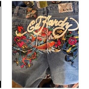 Ed Hardy Baggy Jeans Women Dragon Tattoo Print Blue Denim Size‎ 32 blokecore